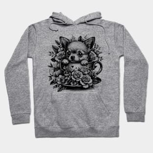 chihuahua peeking dog out from a teacup, surrounded by delicate flowers Hoodie